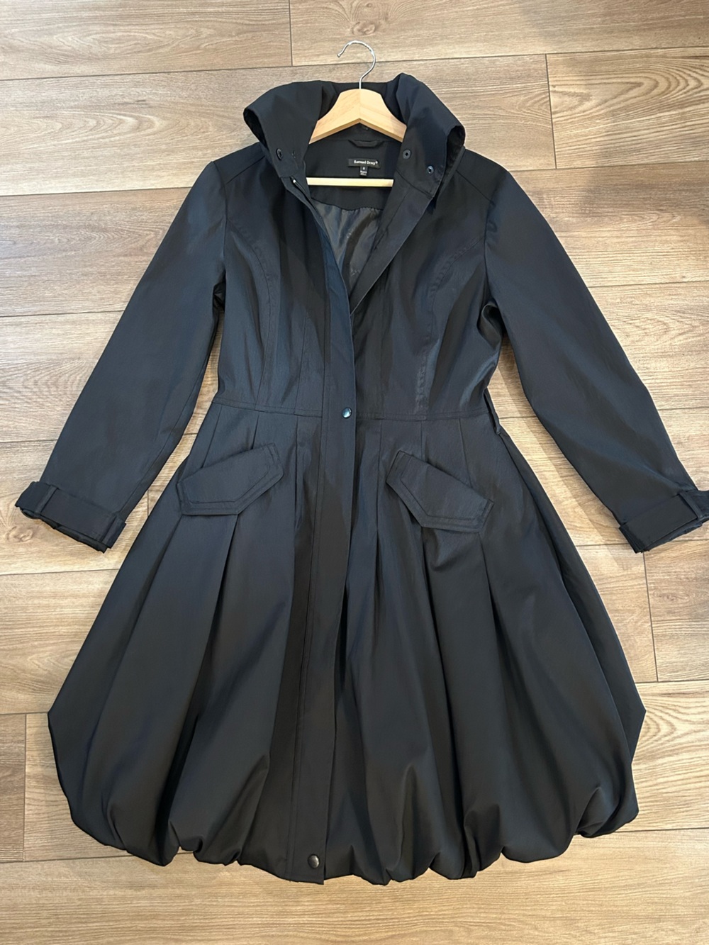 Samuel Dong Black Bubble Hem Trench Coat Pleated Jacket Size S